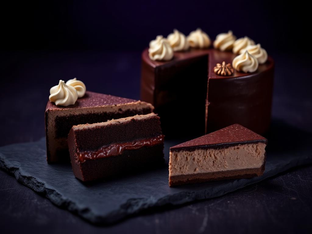 Chocolate cake and cheesecake slices