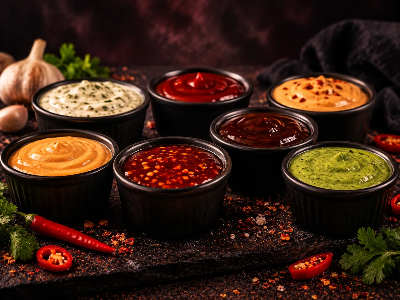 An assortment of sauces in small bowls
